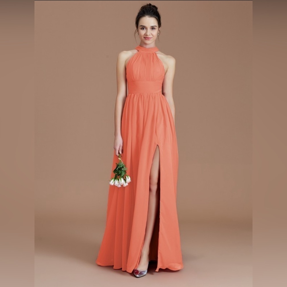 Hebeos A-Line/Princess Halter Sleeveless Ruched Floor-Length Chiffon Dresses - Picture 1 of 8